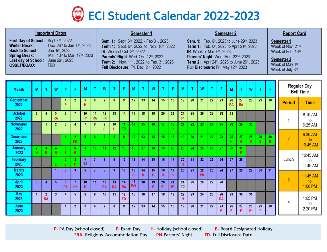 2022-2023 Student Calendar (Eastwood Collegiate Institute)