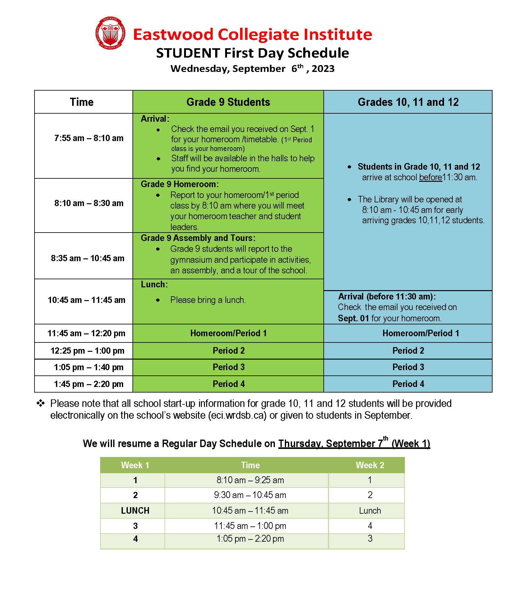 First Day ScheduleWednesday, September 6 (Eastwood Collegiate Institute)